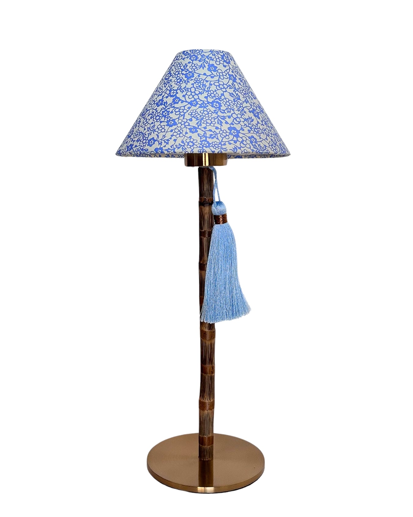 CORDLESS BAMBOO LAMP and Custom Lampshade ('Forget-me-nots in Icy Blue')