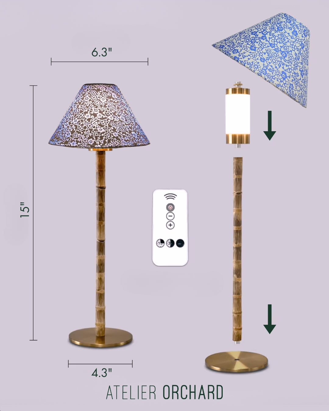 CORDLESS BAMBOO LAMP and Custom Lampshade ('Forget-me-nots in Icy Blue')
