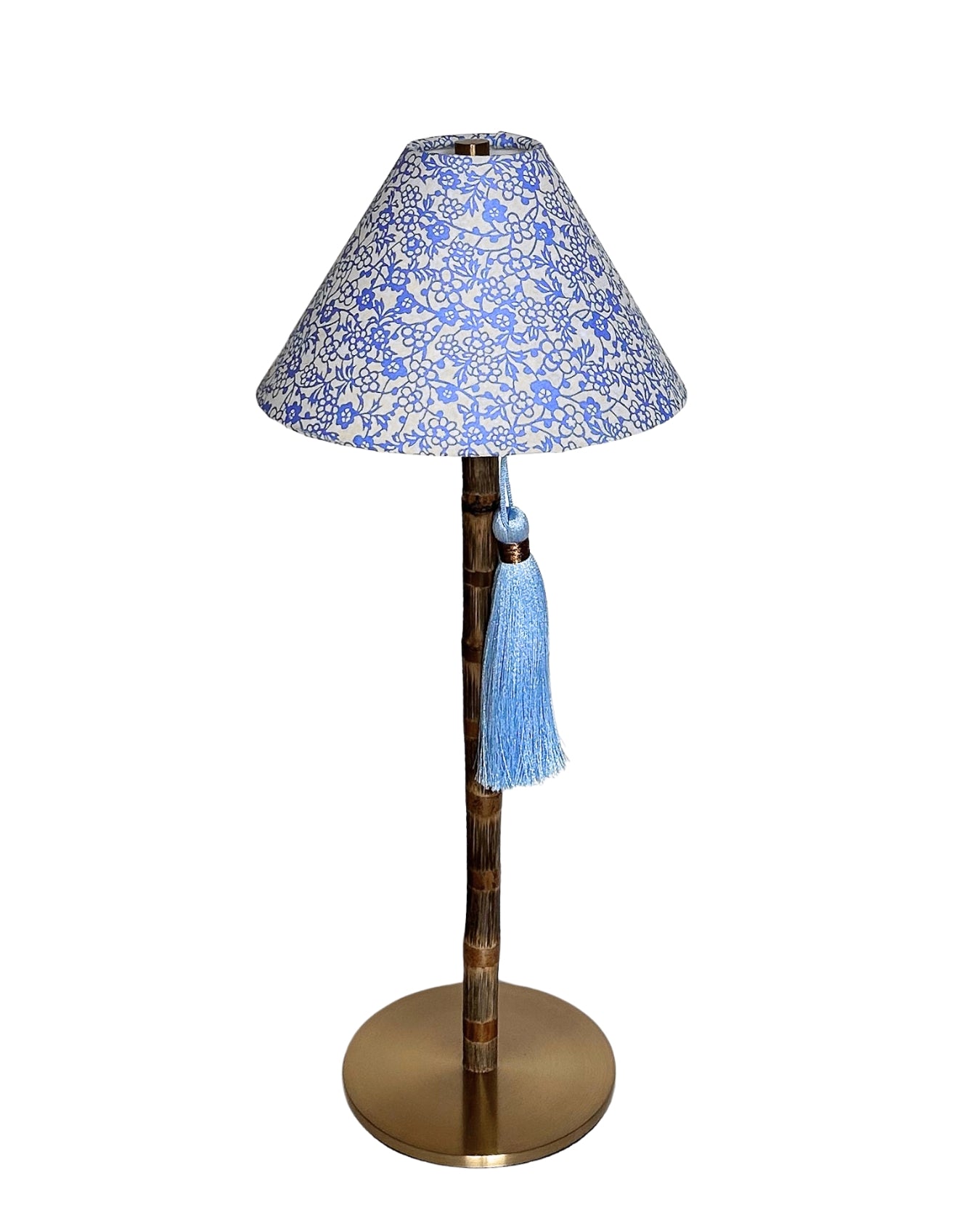 CORDLESS BAMBOO LAMP and Custom Lampshade ('Forget-me-nots in Icy Blue')