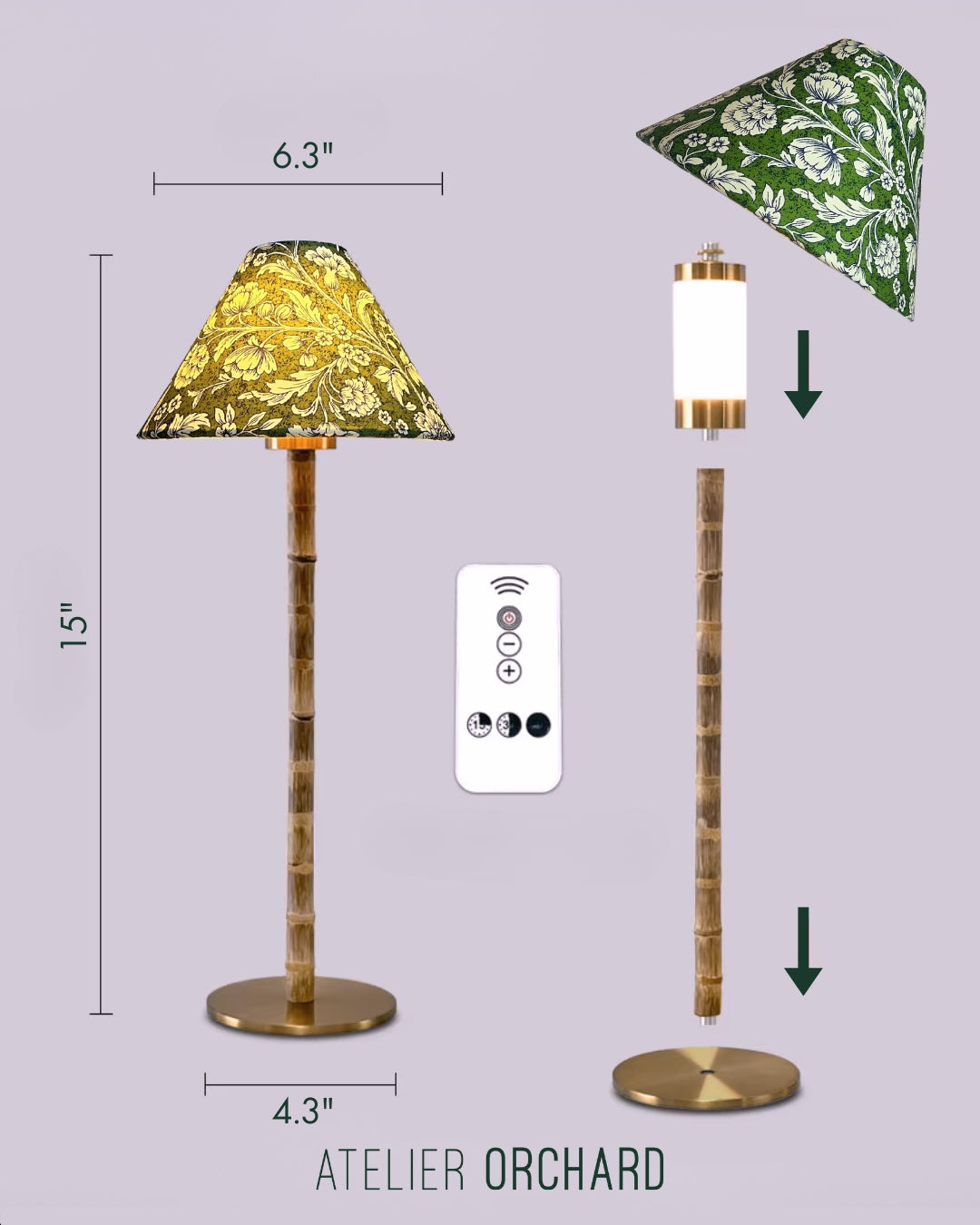 CORDLESS BAMBOO LAMP and Custom Lampshade ('Carnations in Moss Green')