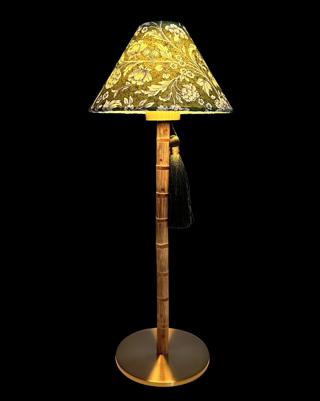 CORDLESS BAMBOO LAMP and Custom Lampshade ('Carnations in Moss Green')