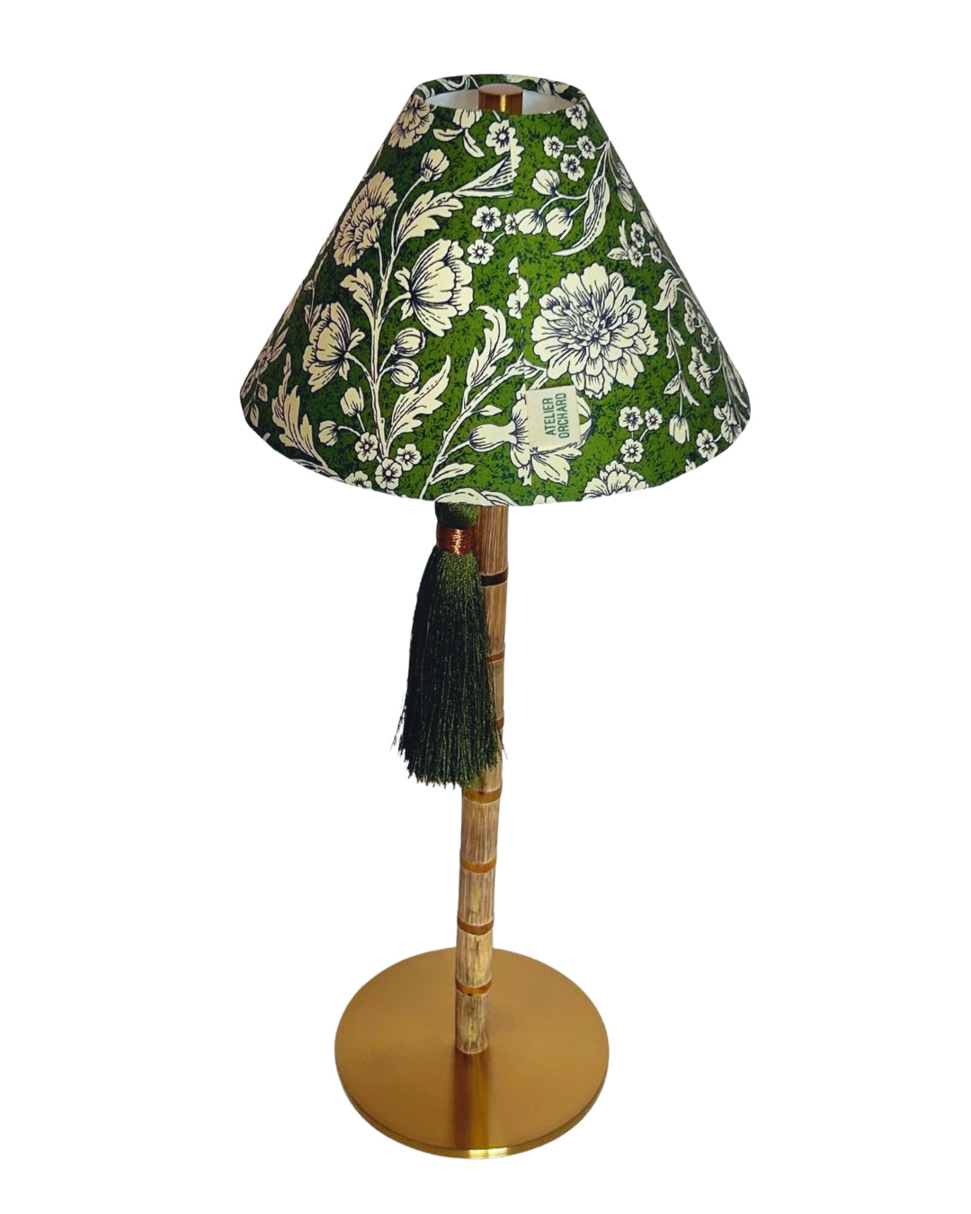 CORDLESS BAMBOO LAMP and Custom Lampshade ('Carnations in Moss Green')