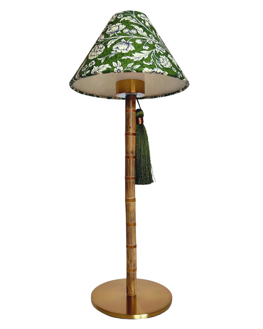 CORDLESS BAMBOO LAMP and Custom Lampshade ('Carnations in Moss Green')