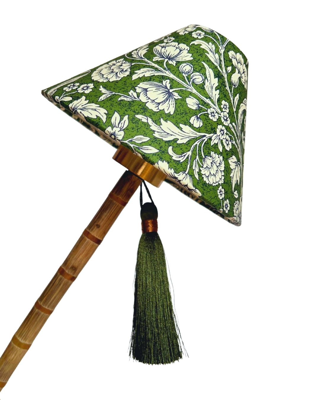 CORDLESS BAMBOO LAMP and Custom Lampshade ('Carnations in Moss Green')