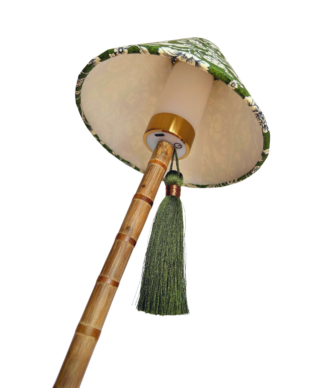 CORDLESS BAMBOO LAMP and Custom Lampshade ('Carnations in Moss Green')