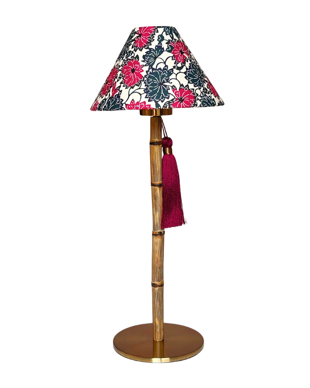 CORDLESS BAMBOO LAMP and Custom Lampshade ('Dahlias in Crimson')