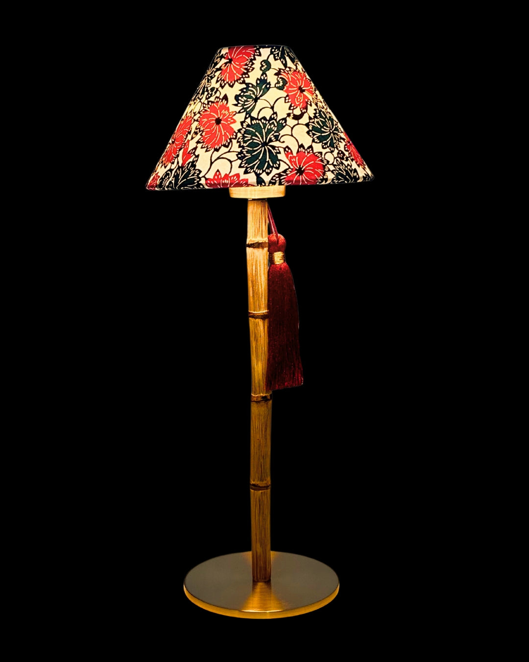 CORDLESS BAMBOO LAMP and Custom Lampshade ('Dahlias in Crimson')