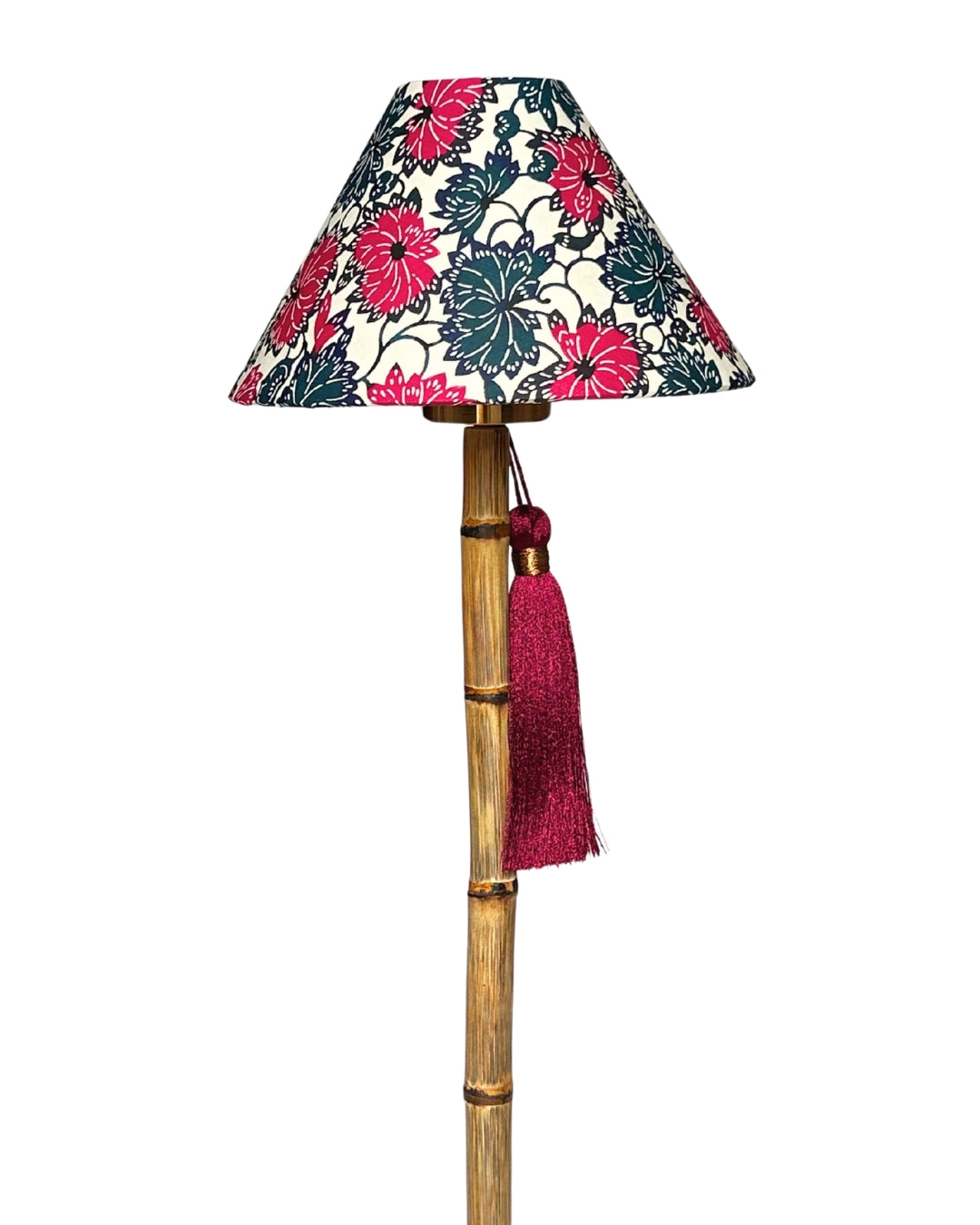 CORDLESS BAMBOO LAMP and Custom Lampshade ('Dahlias in Crimson')