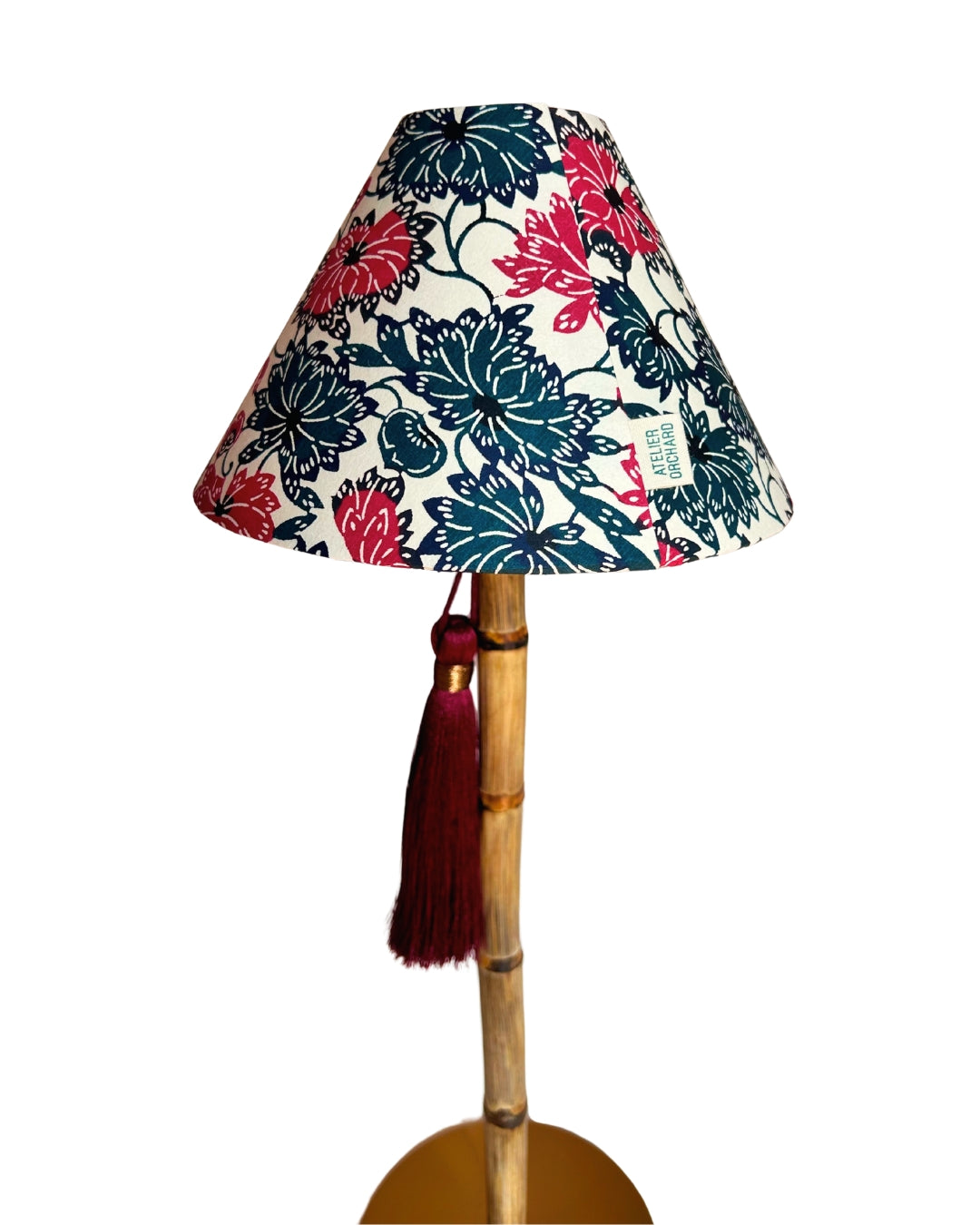 CORDLESS BAMBOO LAMP and Custom Lampshade ('Dahlias in Crimson')