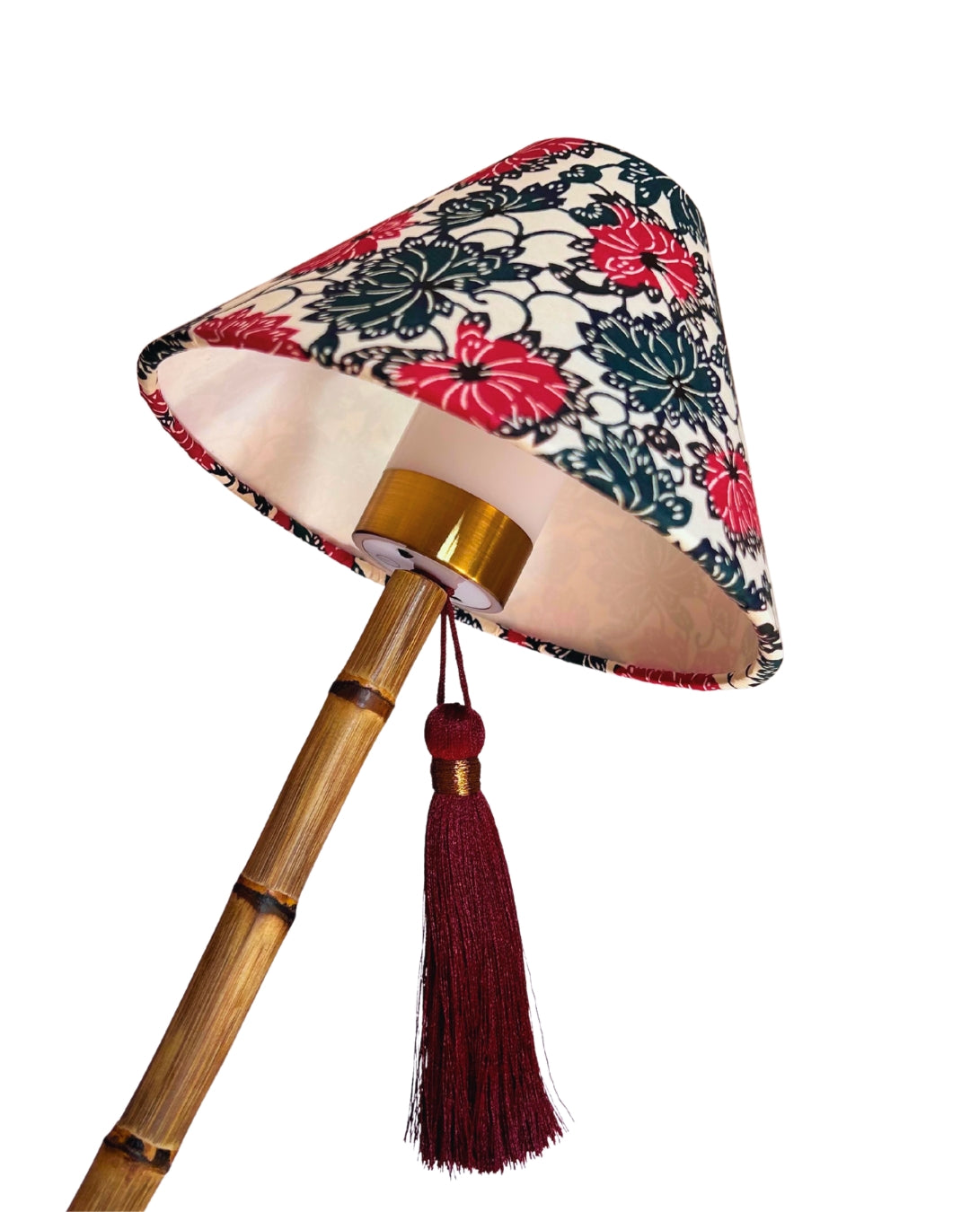 CORDLESS BAMBOO LAMP and Custom Lampshade ('Dahlias in Crimson')