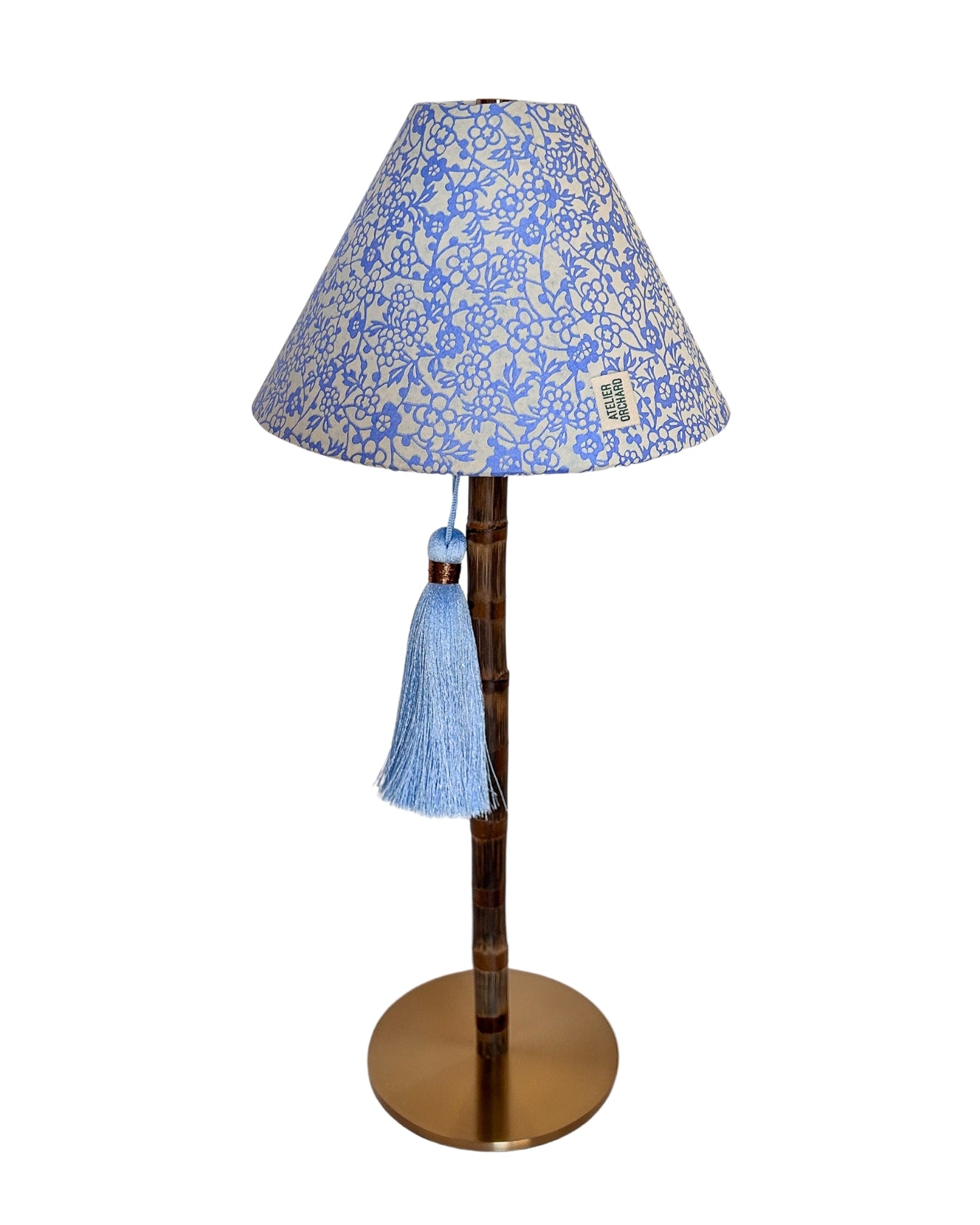CORDLESS BAMBOO LAMP and Custom Lampshade ('Forget-me-nots in Icy Blue')