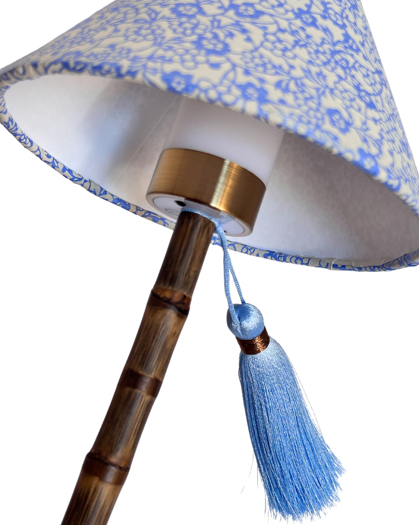 CORDLESS BAMBOO LAMP and Custom Lampshade ('Forget-me-nots in Icy Blue')