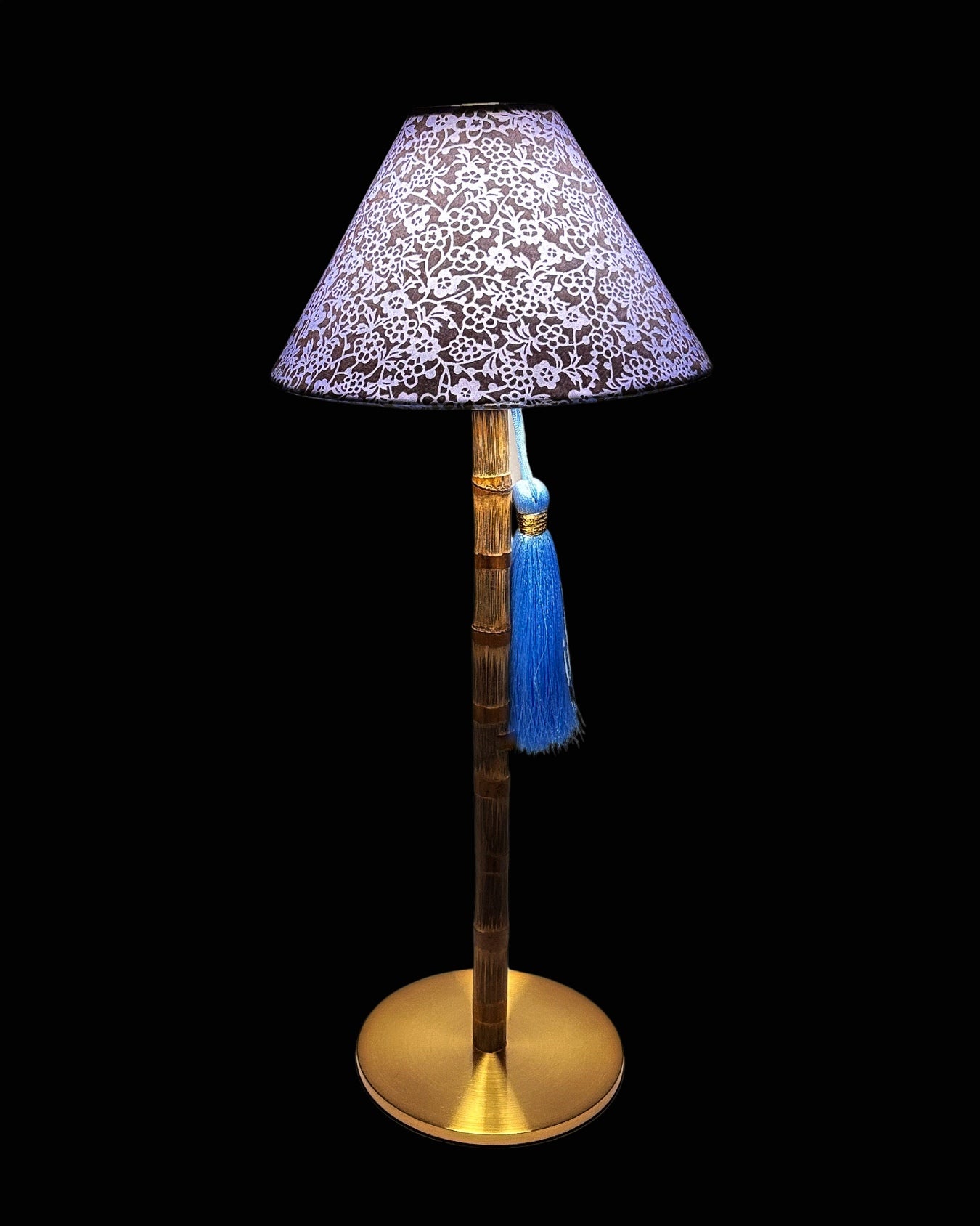 CORDLESS BAMBOO LAMP and Custom Lampshade ('Forget-me-nots in Icy Blue')