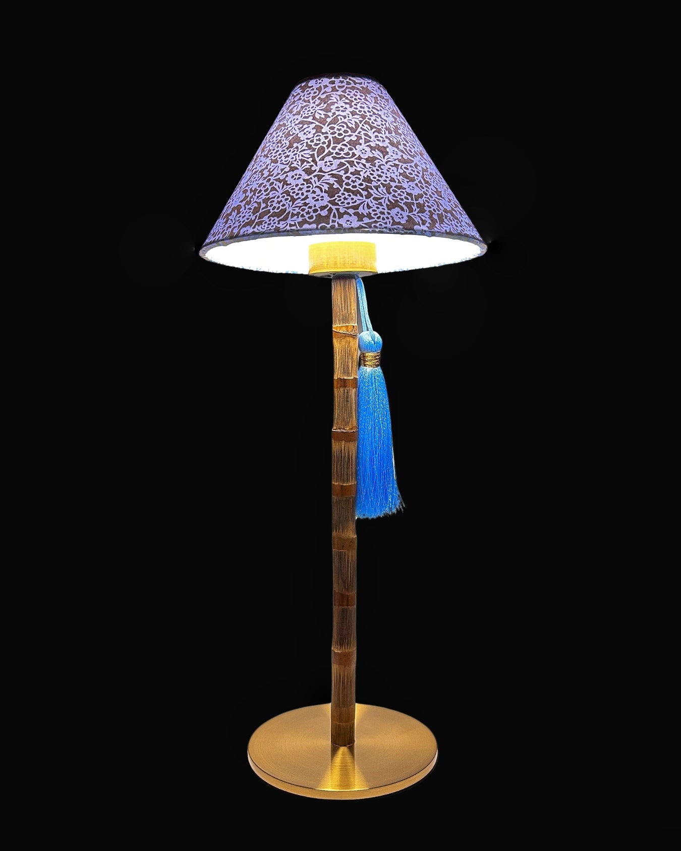 CORDLESS BAMBOO LAMP and Custom Lampshade ('Forget-me-nots in Icy Blue')