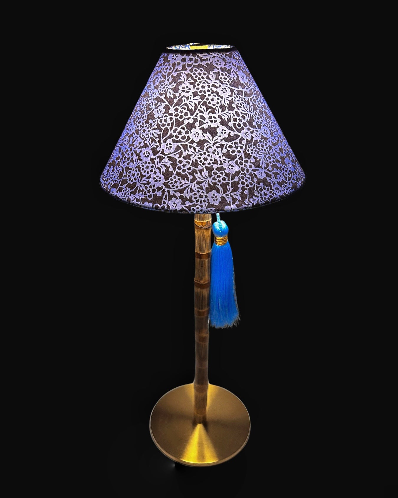 CORDLESS BAMBOO LAMP and Custom Lampshade ('Forget-me-nots in Icy Blue')