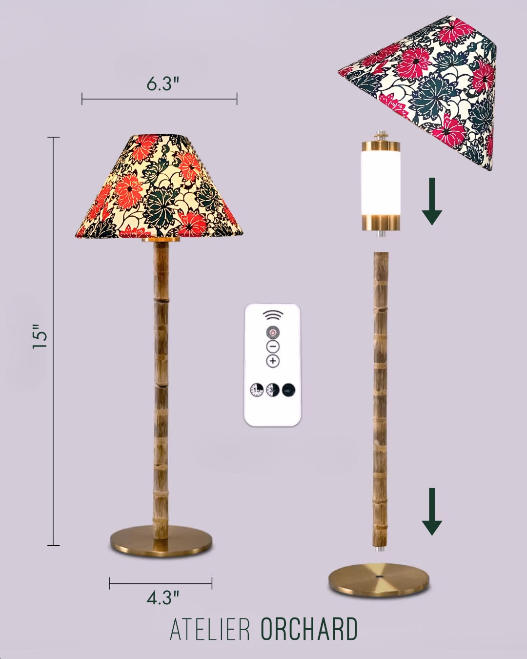 CORDLESS BAMBOO LAMP and Custom Lampshade ('Dahlias in Crimson')