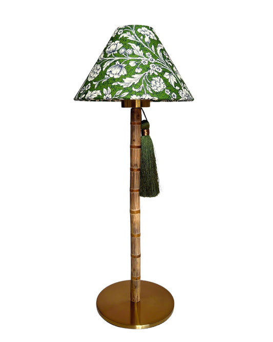 CORDLESS BAMBOO LAMP and Custom Lampshade ('Carnations in Moss Green')